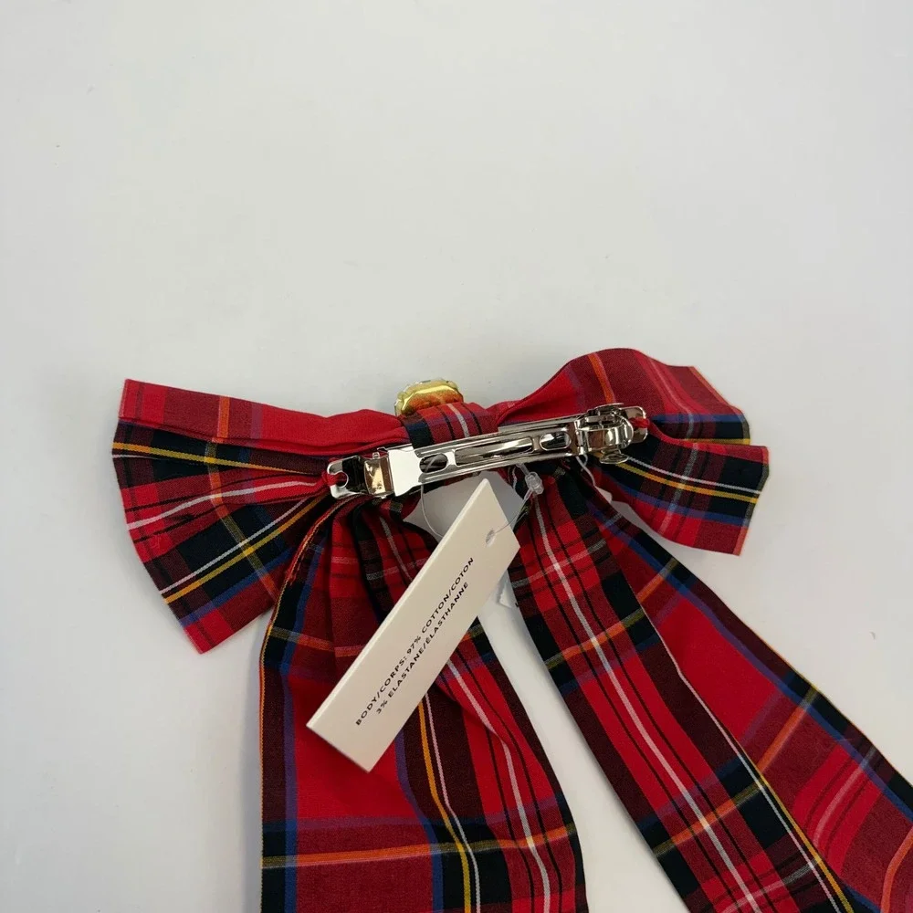 J.Crew Girls Red Plaid Tartan Hair Bow Barrette with Crystal Jewel NWT